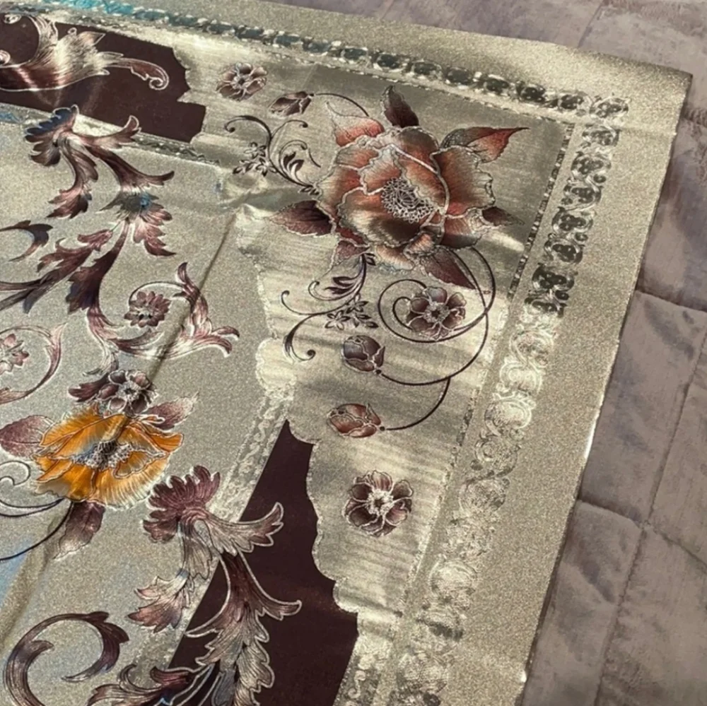 NWOT Floral Satiny Tablecloth Gold & Brown